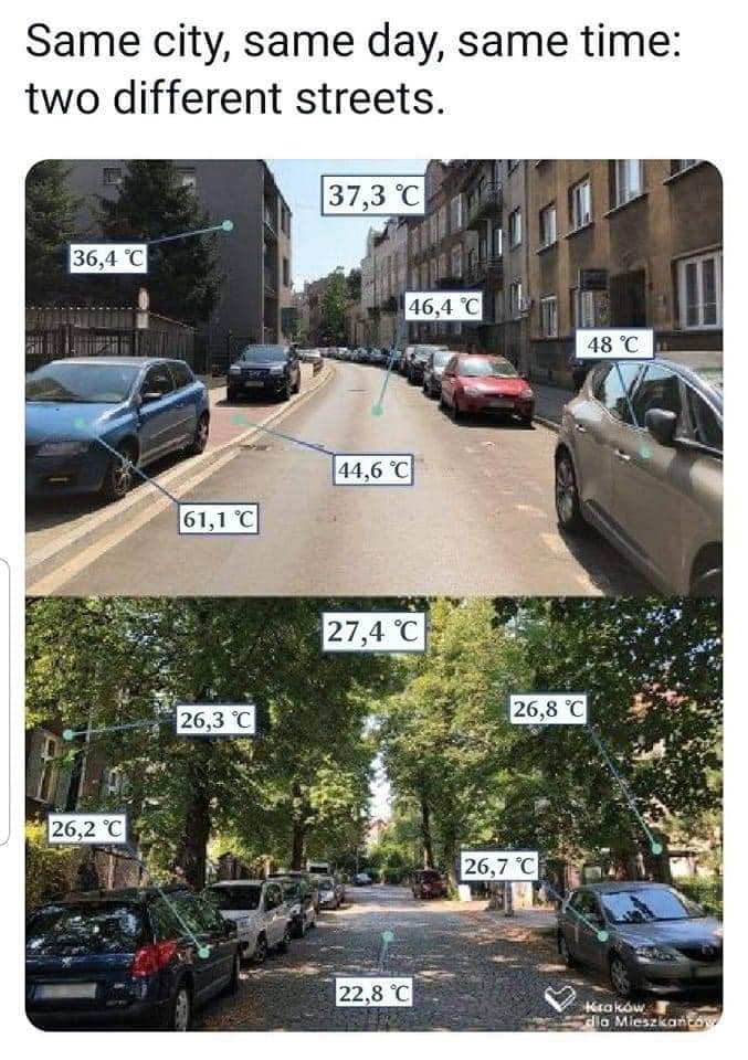 The meme is a comparison between the temperatures in two cities, with the top image showing a city with extremely high temperatures (61.1°C) and the bottom image showing a city with a much cooler temperature (22.8°C). The text above the images reads, "Same city, same day, same time: two different streets." The meme is meant to be humorous and ironic, highlighting the contrast between the two temperatures and the idea that they are both located in the same city on the same day and time.